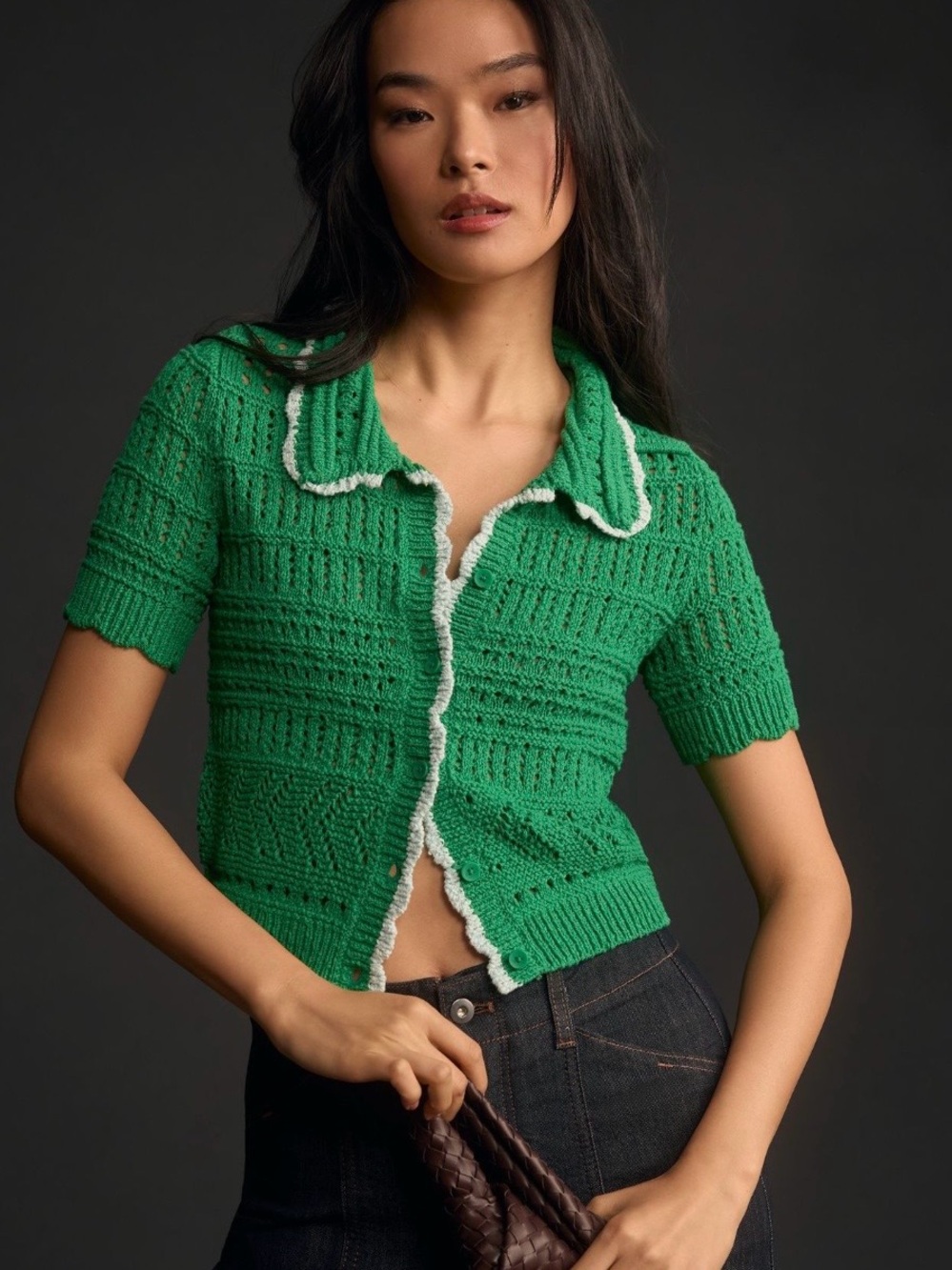 Anthropologie Maeve Short-Sleeve open stitch Polo Cardigan. Kelly green. Boho